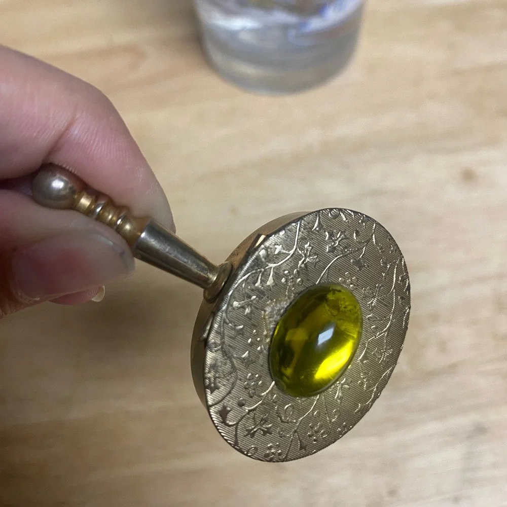 Vintage Pill Box Trinket Case Gold Tone Yellow/Green Cabochon Etched Floral